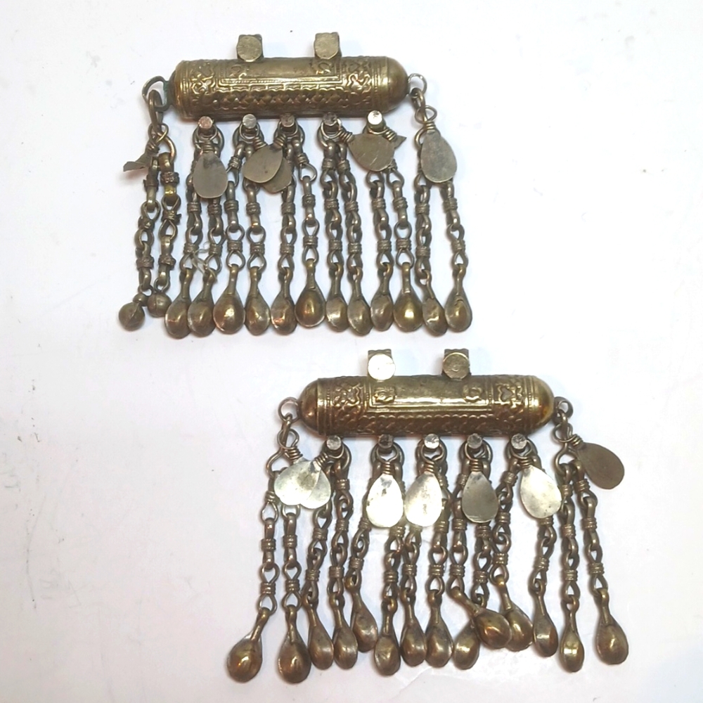 💃 Pair of Antique Kuchi Tribal Tube Amulets with Chains and Bells